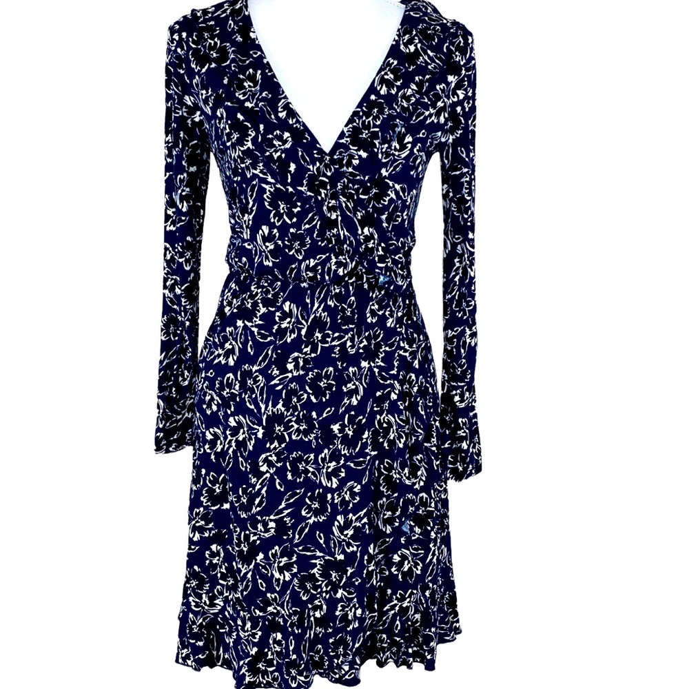 French Connection Navy Floral Faux Wrap Ruffle Dress Size 2